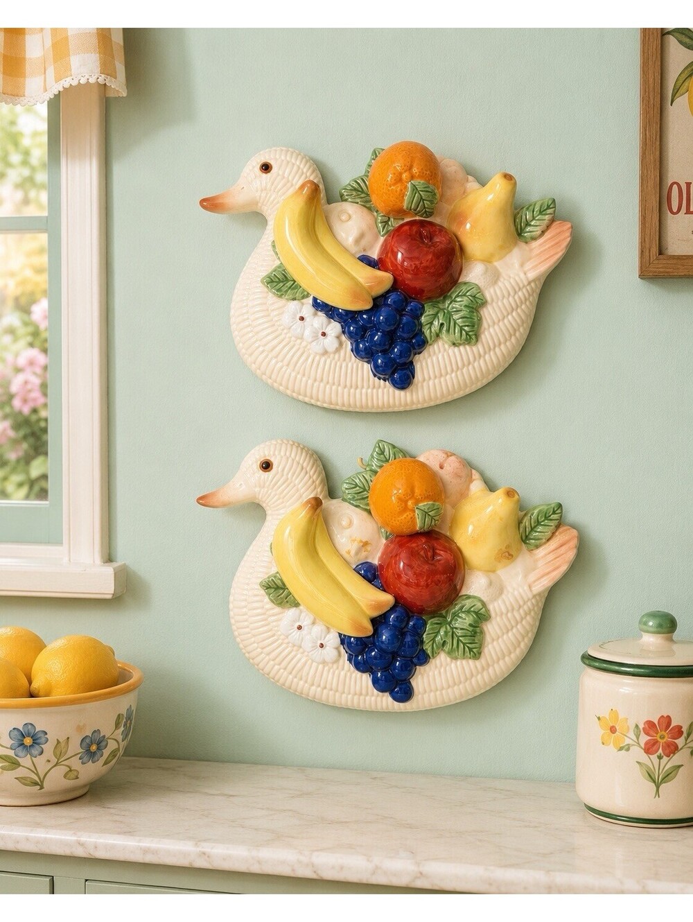Vintage 1960s Set Of 2 Ceramic Duck Fruit Wall Plaques Decor, 10x8”